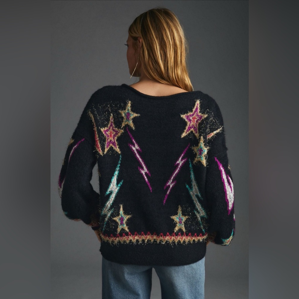 Anthropologie Pilcro sparkle pullover Black Off-the-Shoulder Star Sweater - Picture 4 of 8
